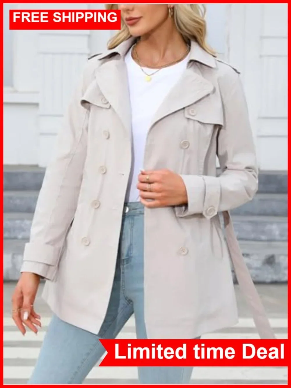 Women's Cropped Trench Coat Double Breasted Belted Jacket